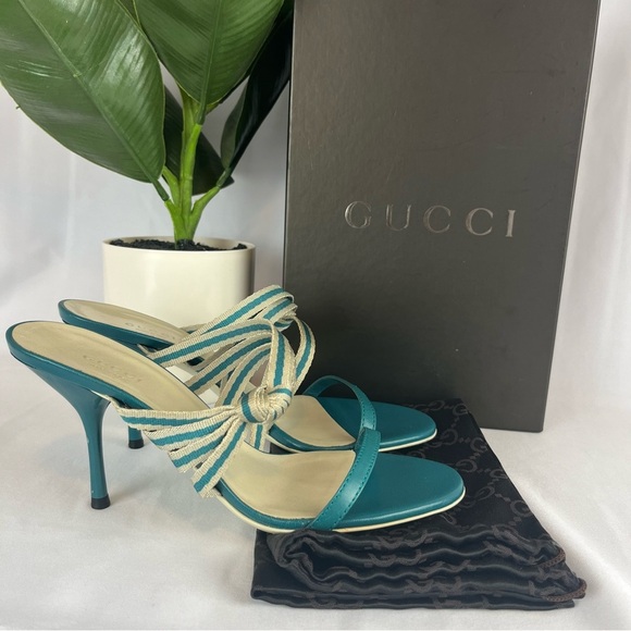 Gucci Teal Blue Fabric and Leather Mirabelle Slide Sandals Shoes Spring Size 36 - Picture 13 of 13